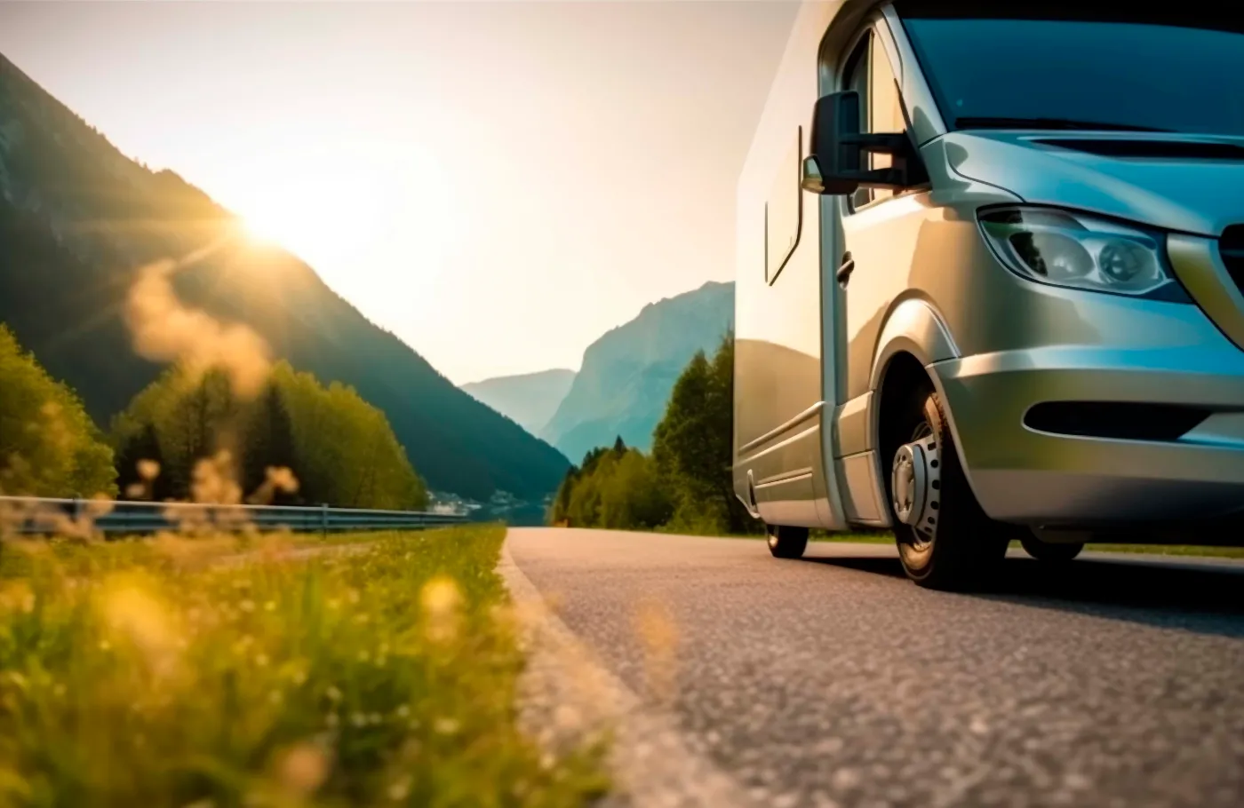 Un camping car sur la route dans les montagnes.